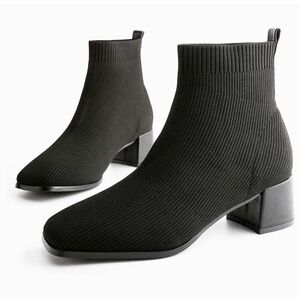 Black Knitted Stretchy Ankle Square Toe Chunky Block Heel Boot